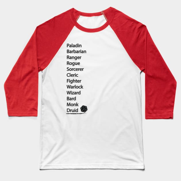 D&D Classes Baseball T-Shirt by StormTrooperSlushi